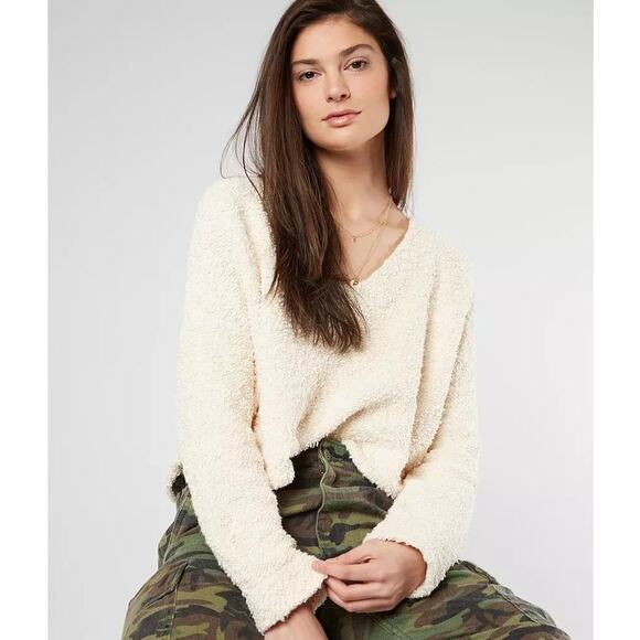Free People Popcorn Cropped V-Neck Sweater Cream Small - Picture 1 of 10